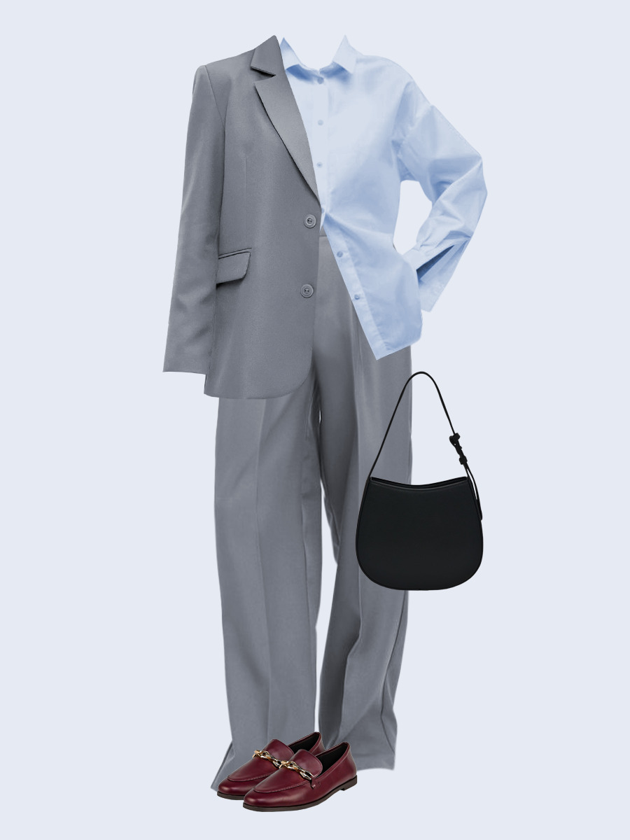 Образ с Вайлдберриз с артикулами (жакет, рубашка, брюки, сумка, лоферы)