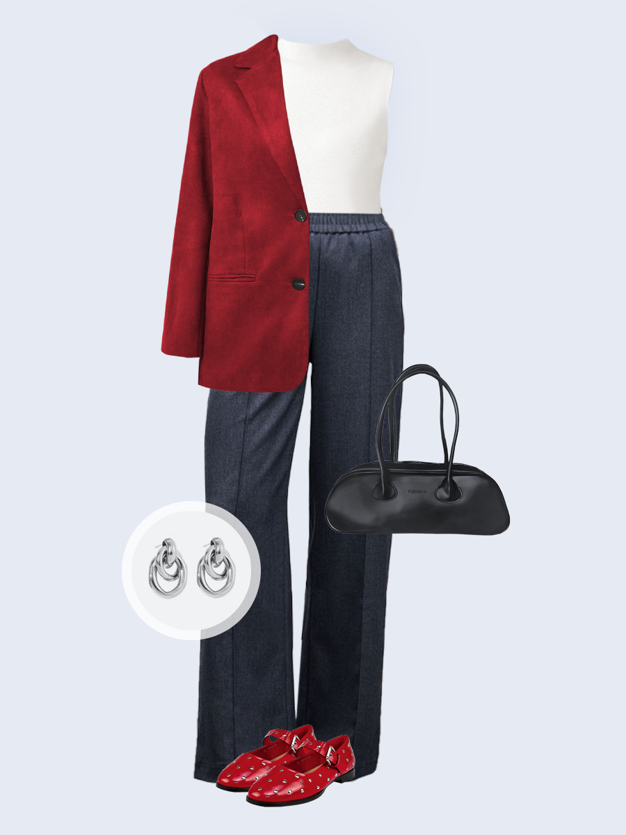 Образ с Вайлдберриз с артикулами (жакет, джемпер, брюки, сумка, туфли, серьги)