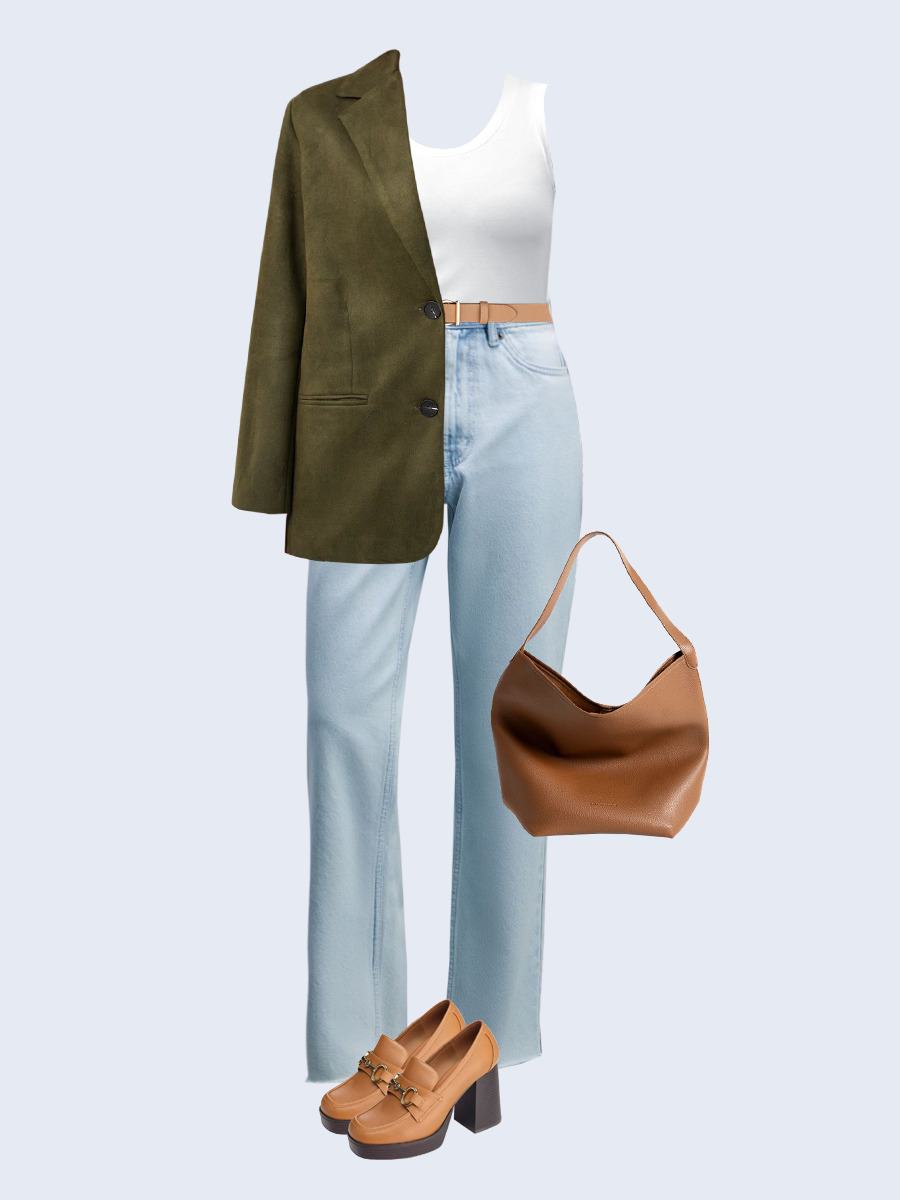 Образ с Вайлдберриз с артикулами (жакет, топ, джинсы, сумка, туфли, ремень)