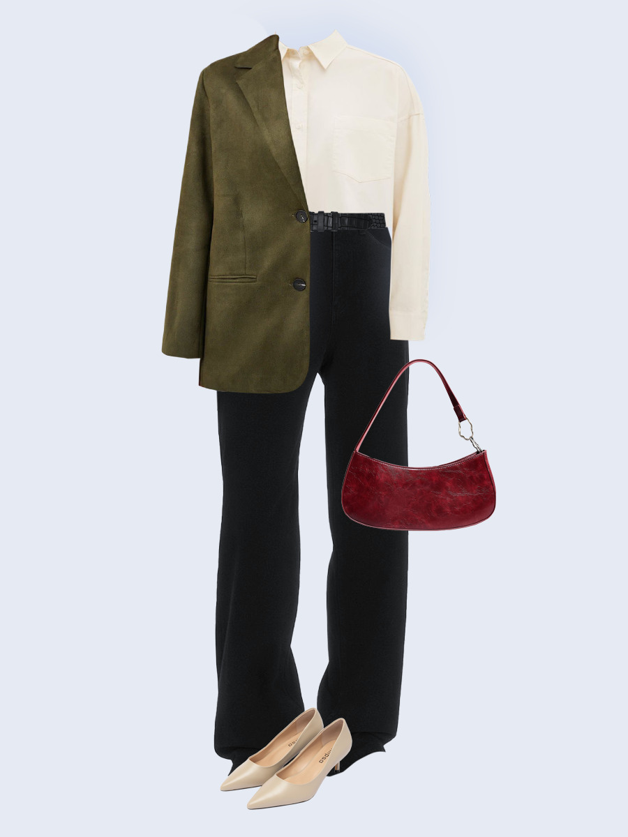 Образ с Вайлдберриз с артикулами (жакет, рубашка, джинсы, сумка, туфли, ремень)