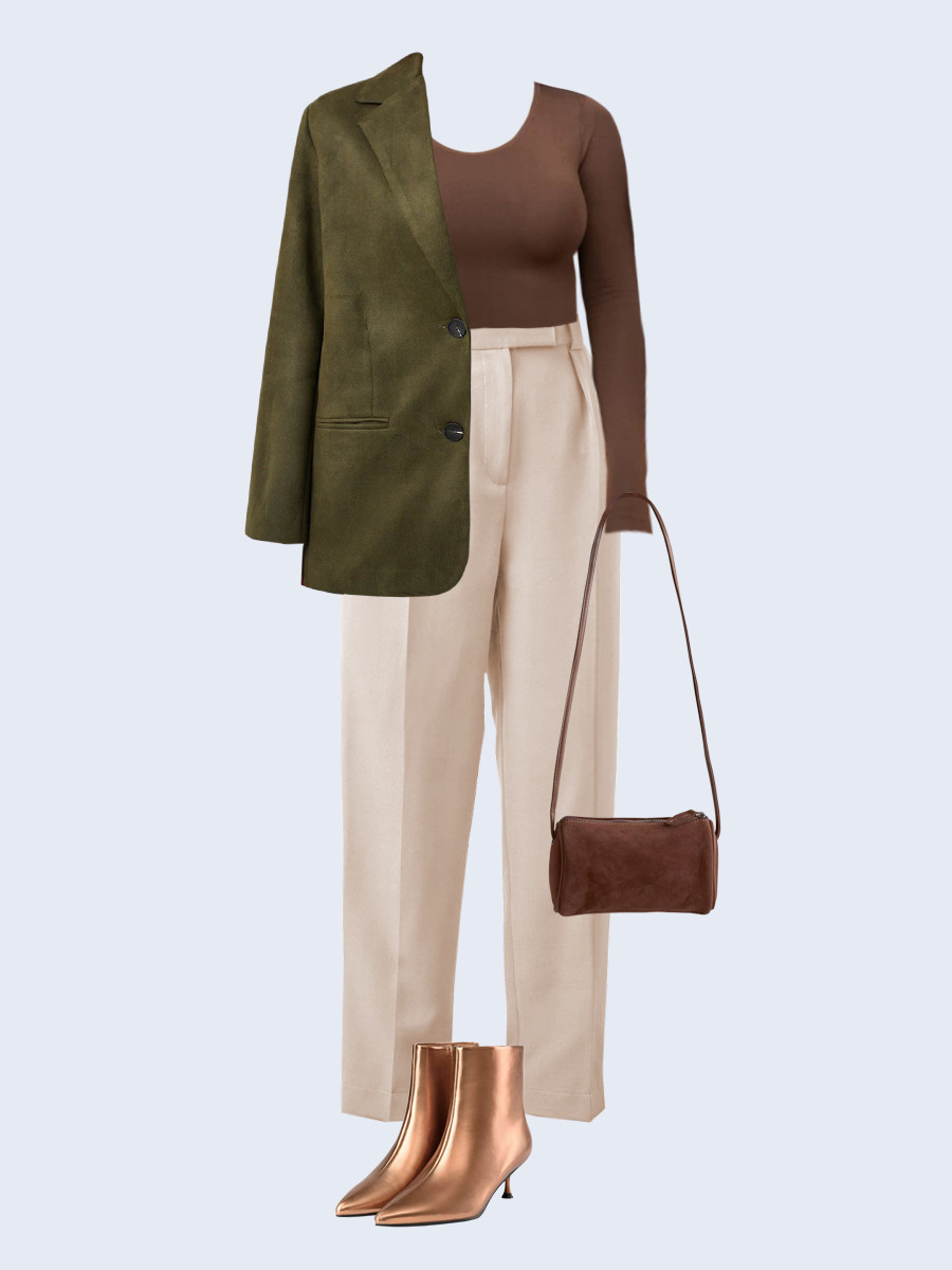 Образ с Вайлдберриз с артикулами (жакет, боди, брюки, сумка, ботильоны)