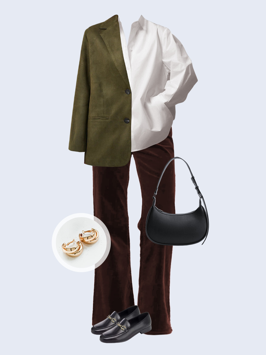 Образ с Вайлдберриз с артикулами (жакет, рубашка, брюки, сумка, лоферы, серьги)