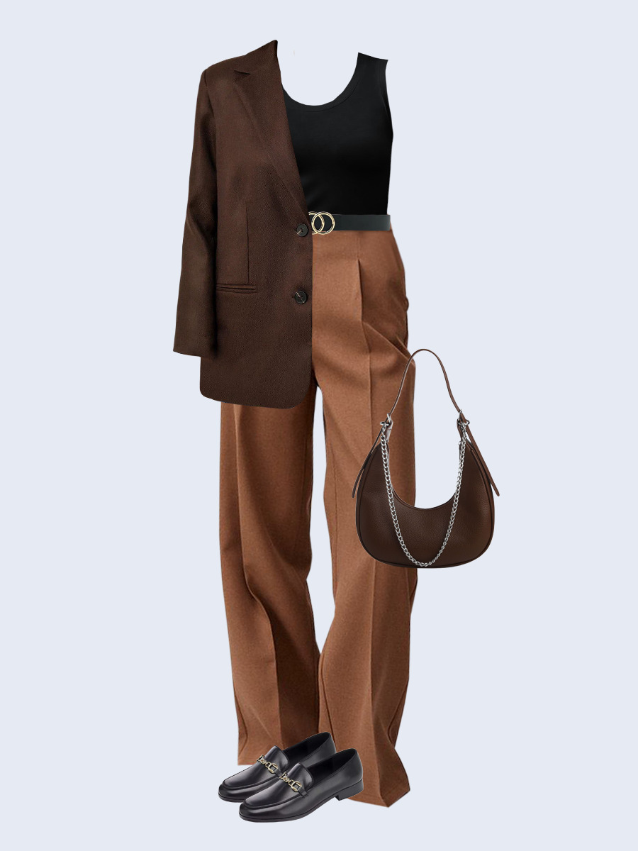 Образ с Вайлдберриз с артикулами (жакет, топ, брюки, сумка, лоферы, ремень)