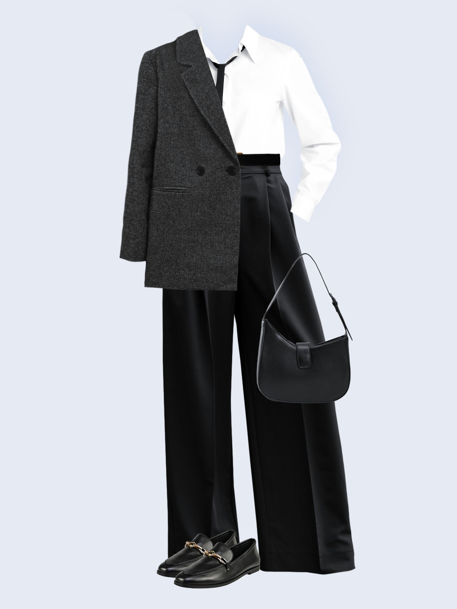 Образ с Вайлдберриз с артикулами (жакет, рубашка, брюки, сумка, лоферы, ремень)