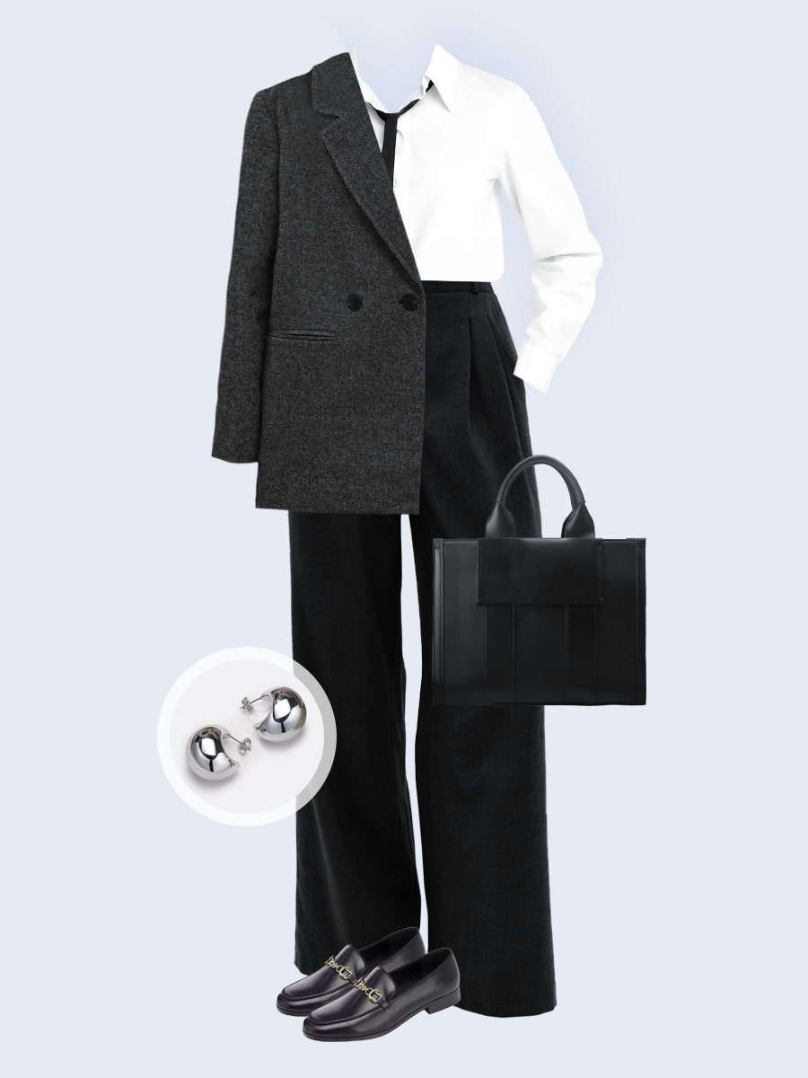 Образ с Вайлдберриз с артикулами (жакет, рубашка, брюки, сумка, лоферы, серьги)