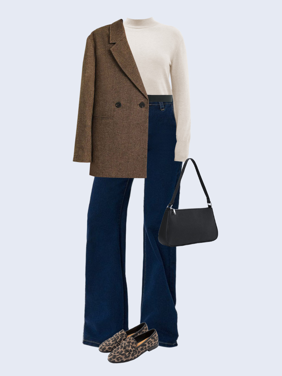 Образ с Вайлдберриз с артикулами (жакет, водолазка, джинсы, сумка, лоферы, ремень)