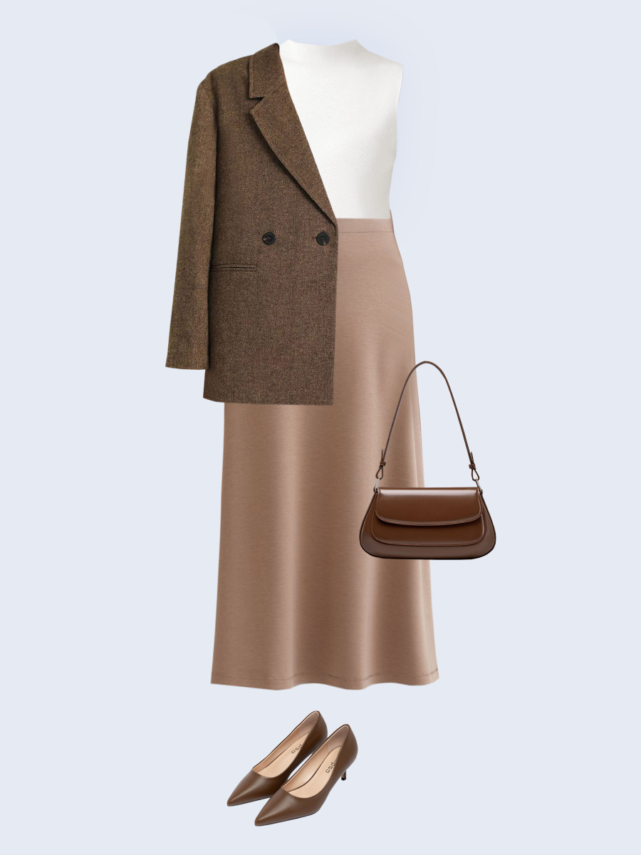 Образ с Вайлдберриз с артикулами (жакет, джемпер, юбка, сумка, туфли)