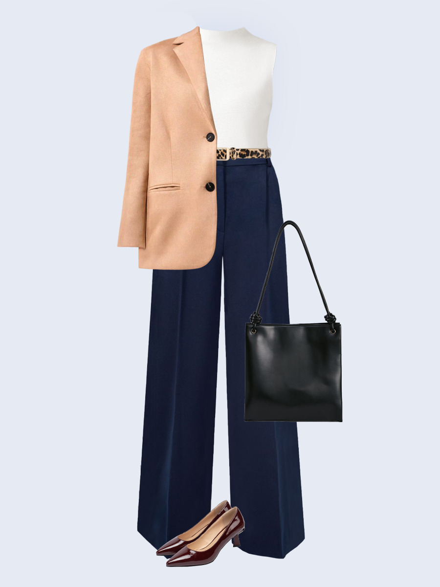 Образ с Вайлдберриз с артикулами (жакет, джемпер, брюки, сумка, туфли, ремень)