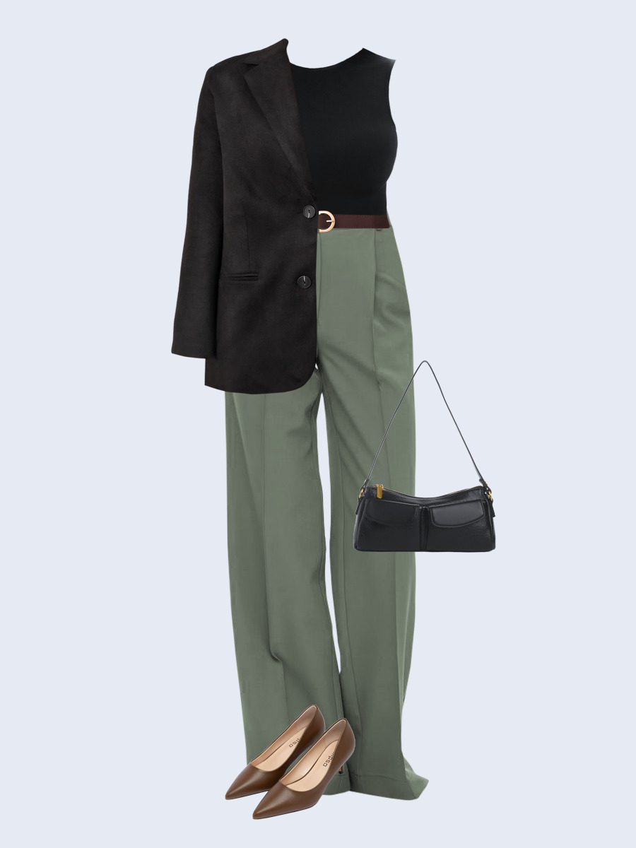 Образ с Вайлдберриз с артикулами (жакет, майка, брюки, сумка, туфли, ремень)