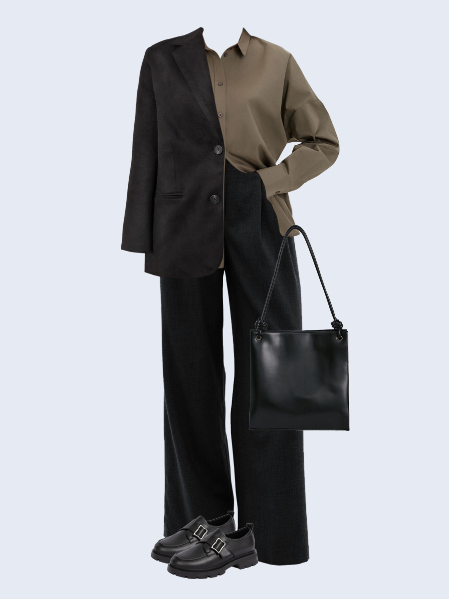 Образ с Вайлдберриз с артикулами (жакет, рубашка, брюки, сумка, лоферы)