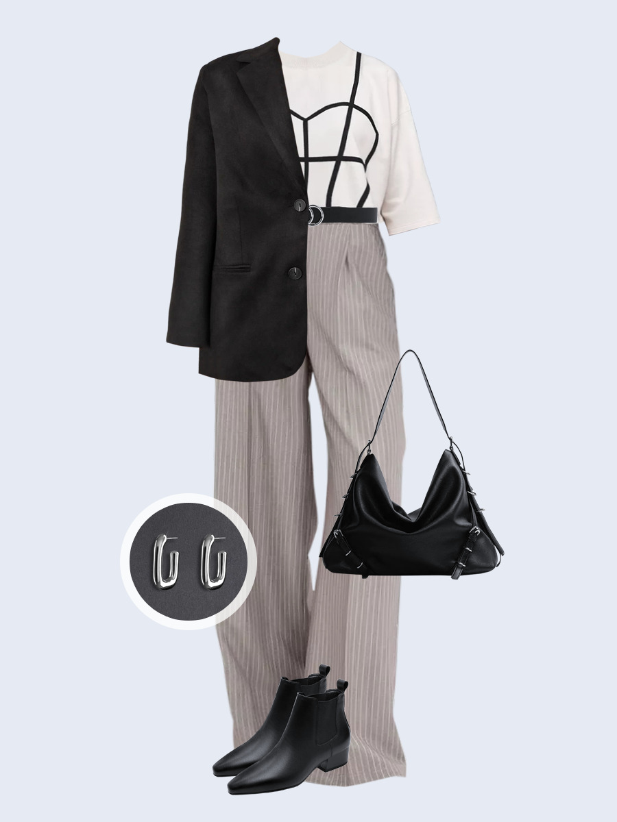 Образ с Вайлдберриз с артикулами (жакет, футболка, брюки, сумка, ботинки, серьги, ремень)