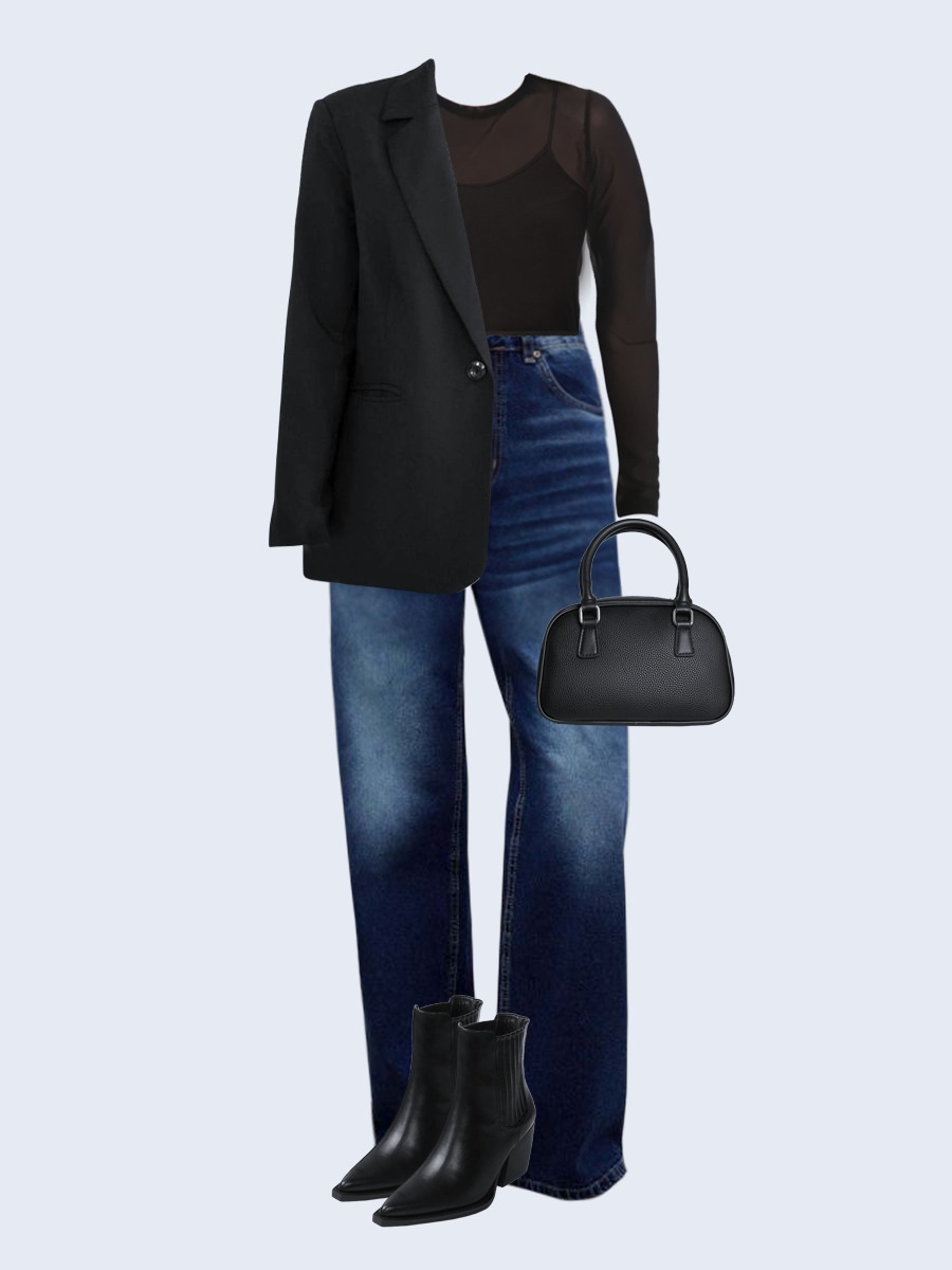 Образ с Вайлдберриз с артикулами (жакет, лонгслив, джинсы, сумка, ботильоны)