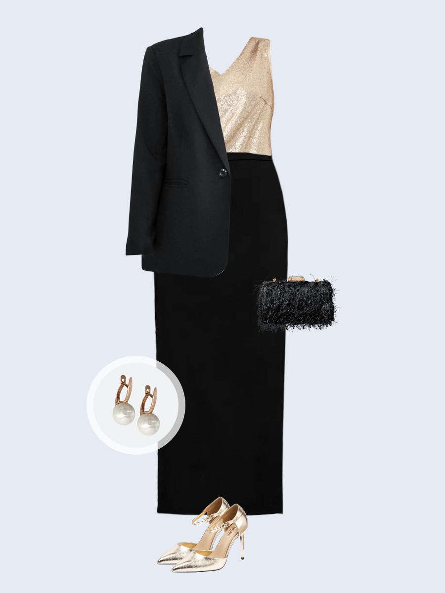 Образ с Вайлдберриз с артикулами (жакет, топ, юбка, клатч, туфли, серьги)