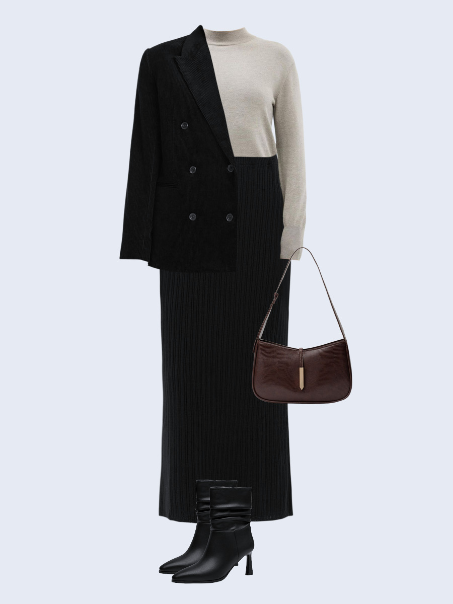 Образ с Вайлдберриз с артикулами (жакет, водолазка, юбка, сумка, ботильоны)