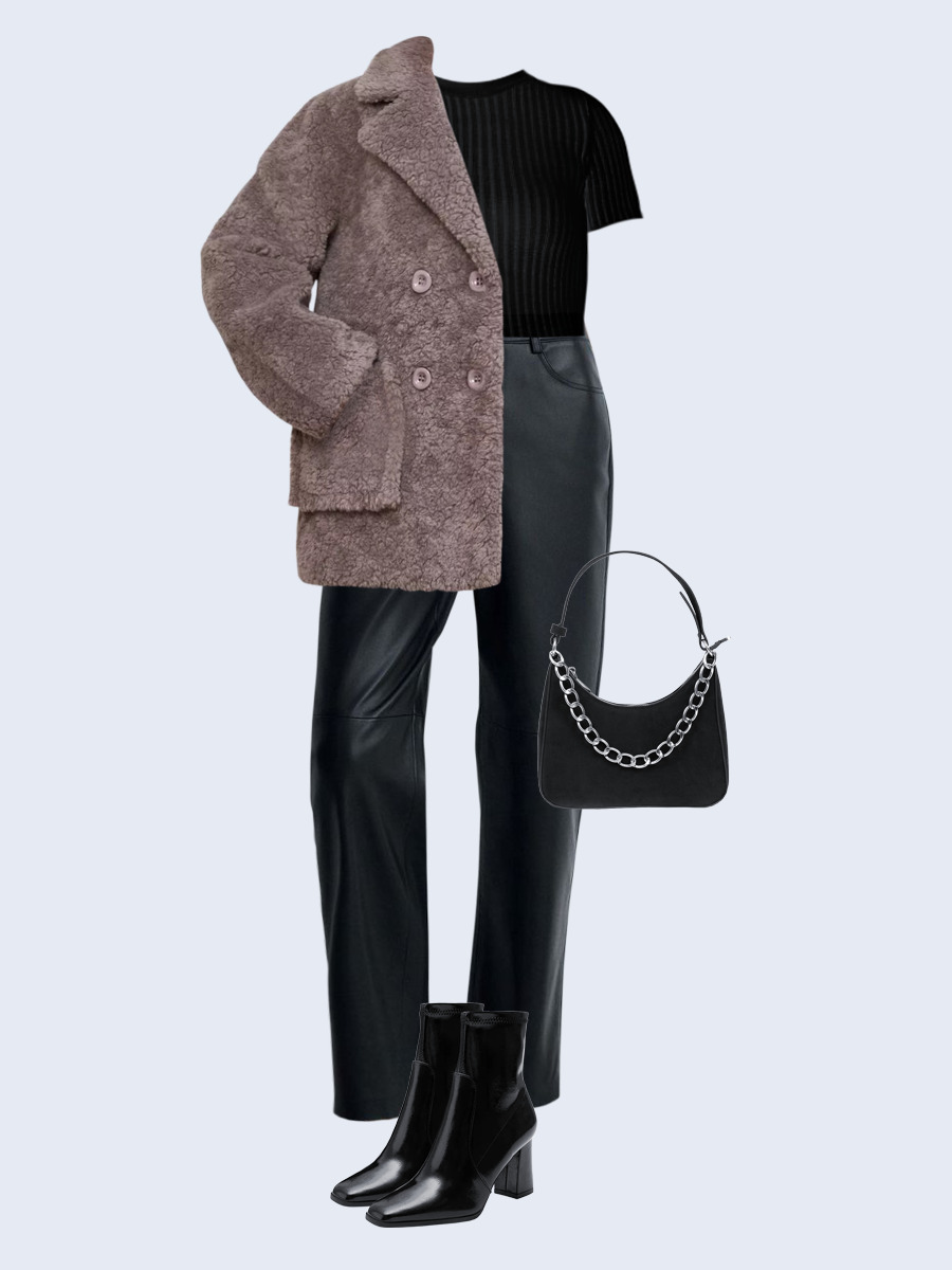 Образ с Вайлдберриз с артикулами (шуба, жакет, джемпер, брюки, сумка, ботильоны)