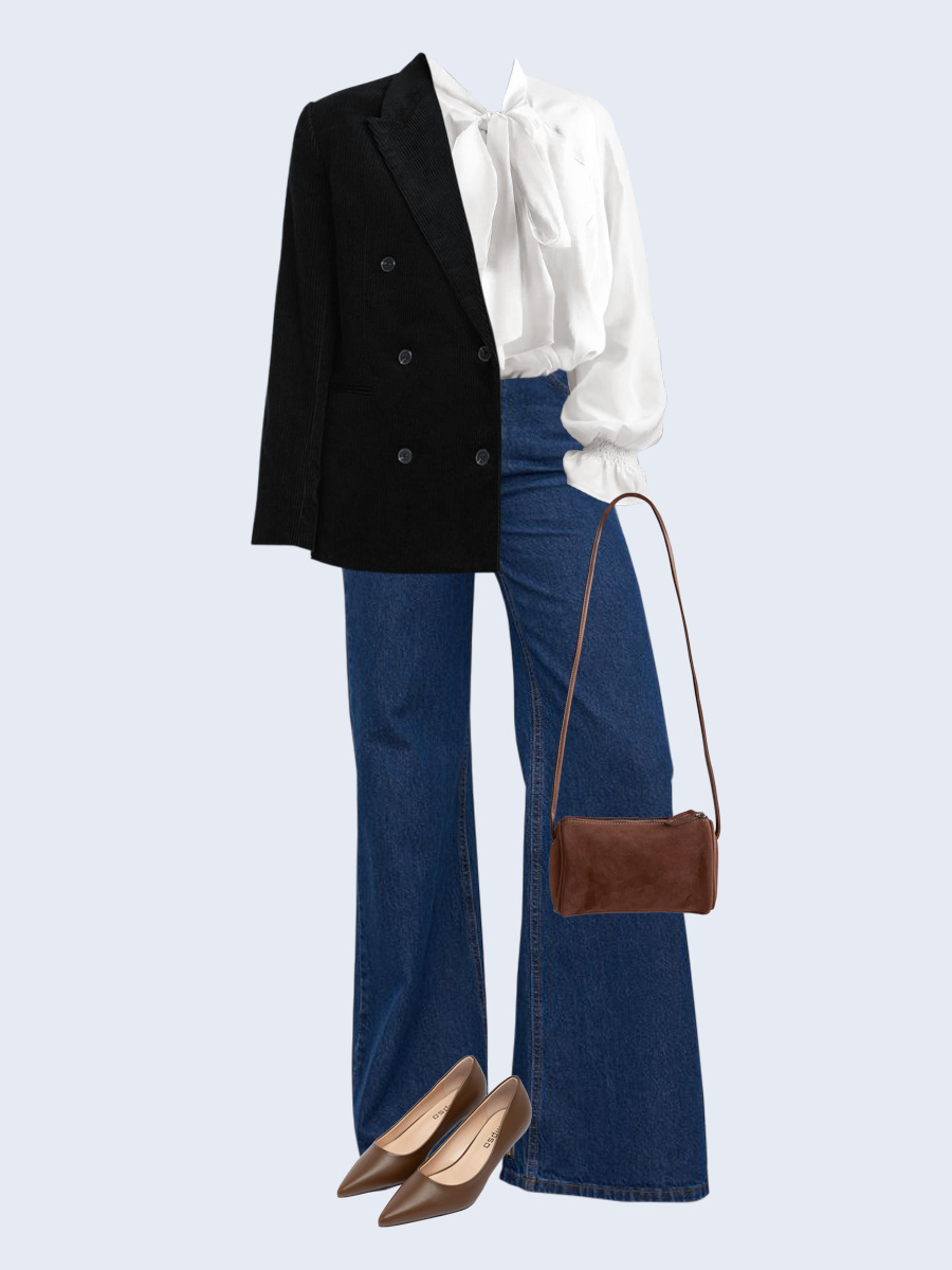 Образ с Вайлдберриз с артикулами (жакет, блуза, джинсы, сумка, туфли)