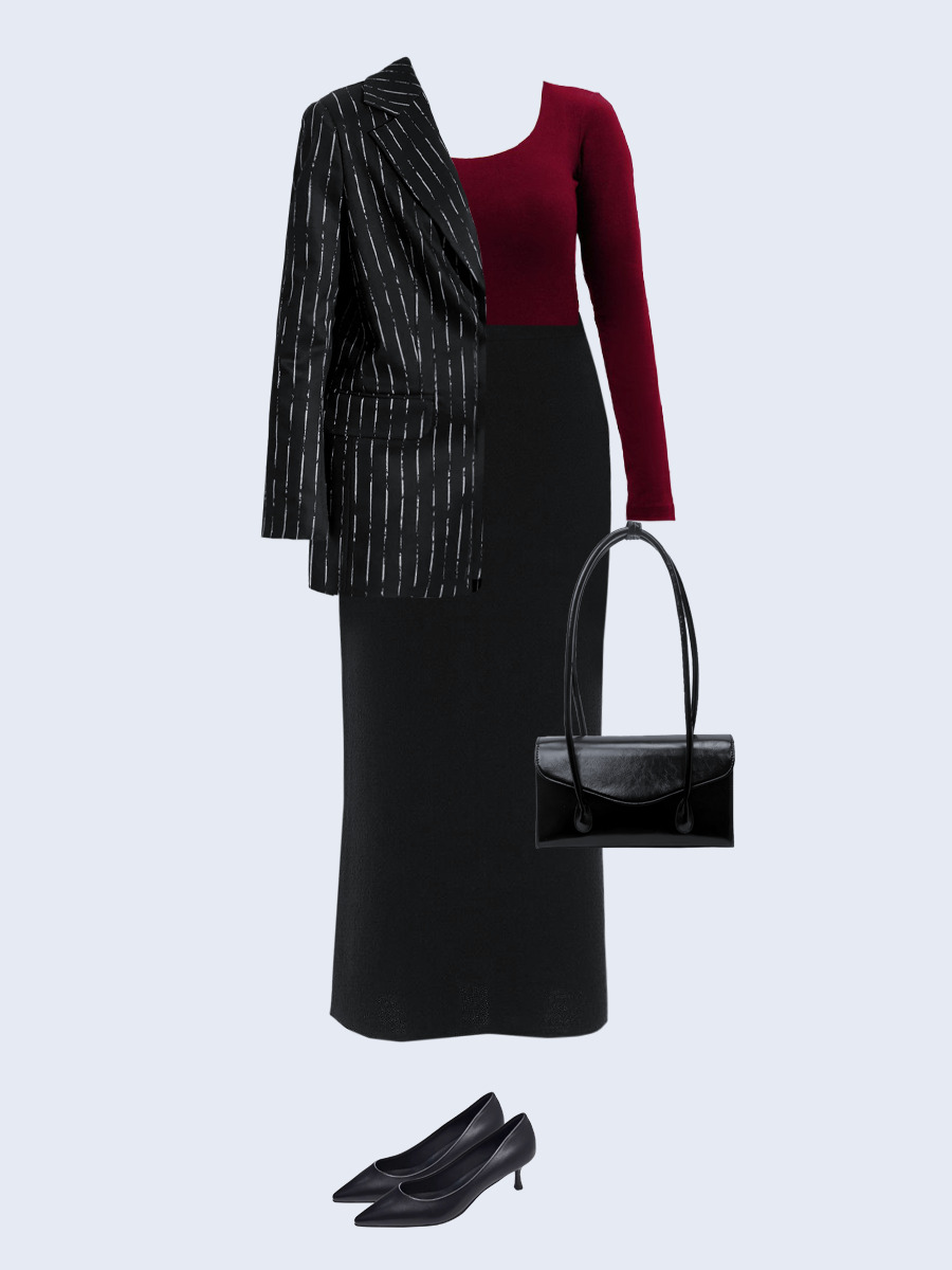 Образ с Вайлдберриз с артикулами (жакет, лонгслив, юбка, сумка, туфли)