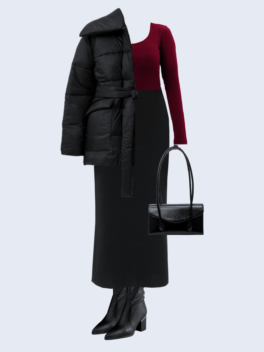 Образ с Вайлдберриз с артикулами (куртка, жакет, лонгслив, юбка, сумка, сапоги)