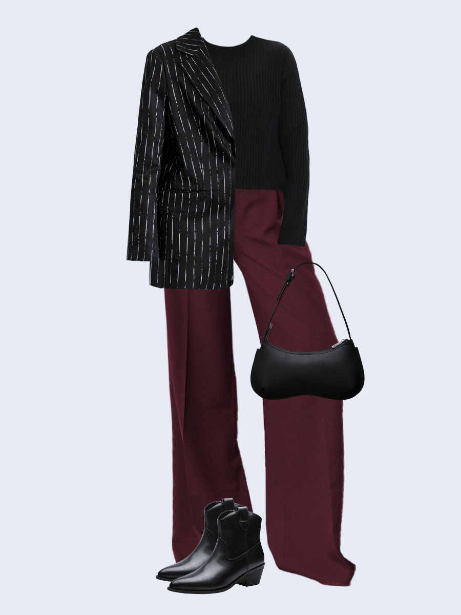 Образ с Вайлдберриз с артикулами (жакет, джемпер, брюки, сумка, ботильоны)