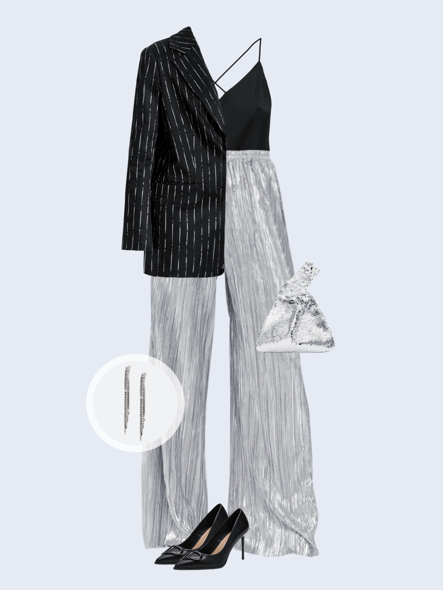 Образ с Вайлдберриз с артикулами (жакет, топ, брюки, сумка, туфли, серьги)