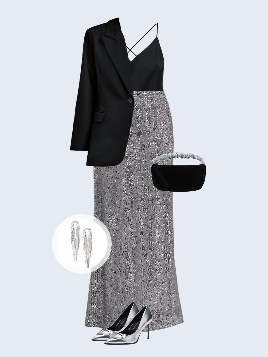 Образ с Вайлдберриз с артикулами (жакет, топ, юбка, сумка, туфли, серьги)