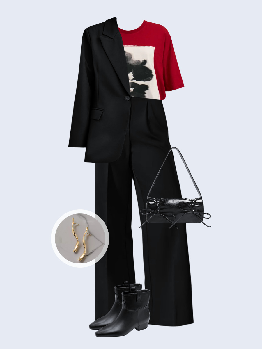 Образ с Вайлдберриз с артикулами (жакет, футболка, брюки, сумка, ботинки, серьги)