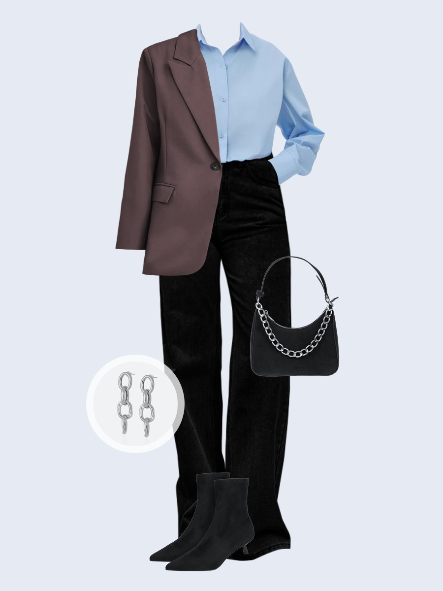 Образ с Вайлдберриз с артикулами (жакет, рубашка, джинсы, сумка, ботильоны, серьги)