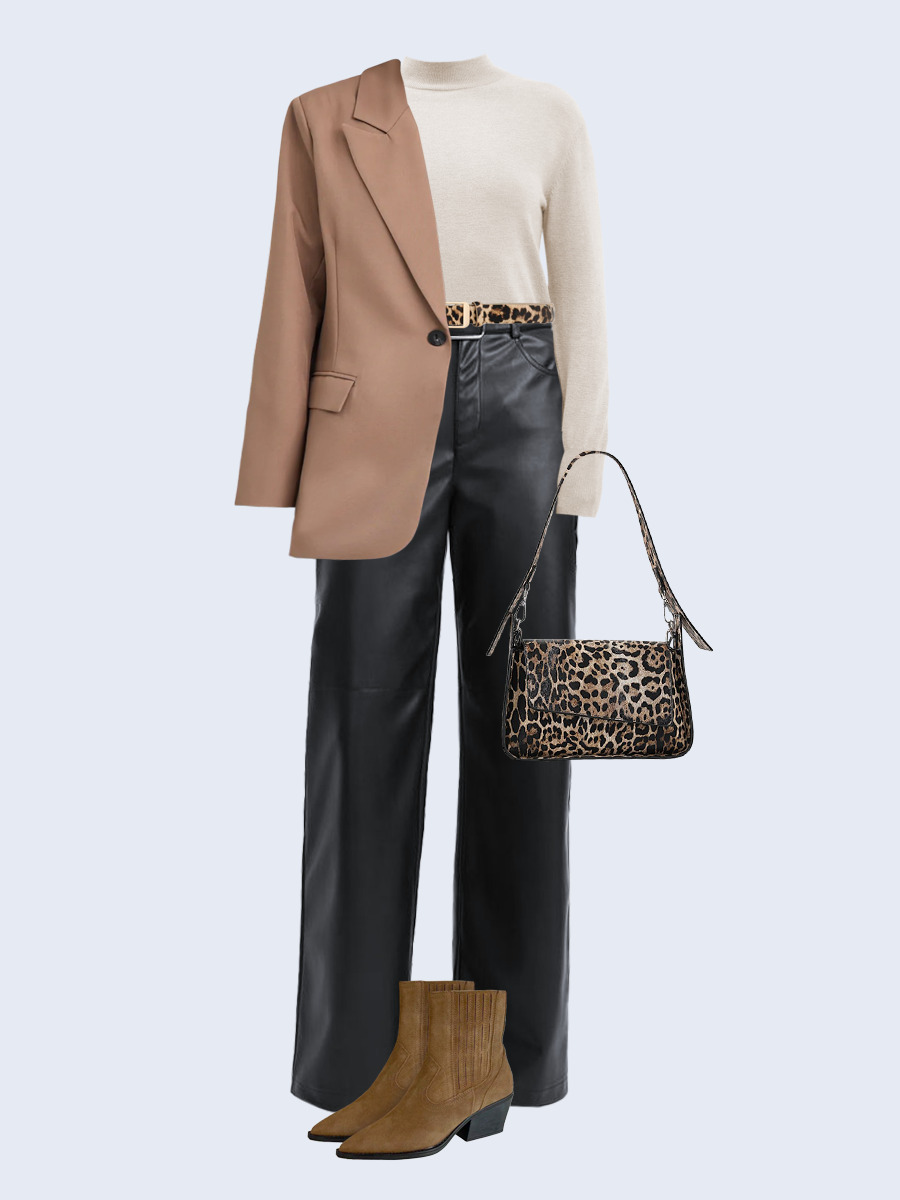 Образ с Вайлдберриз с артикулами (жакет, водолазка, брюки, сумка, ботильоны, ремень)