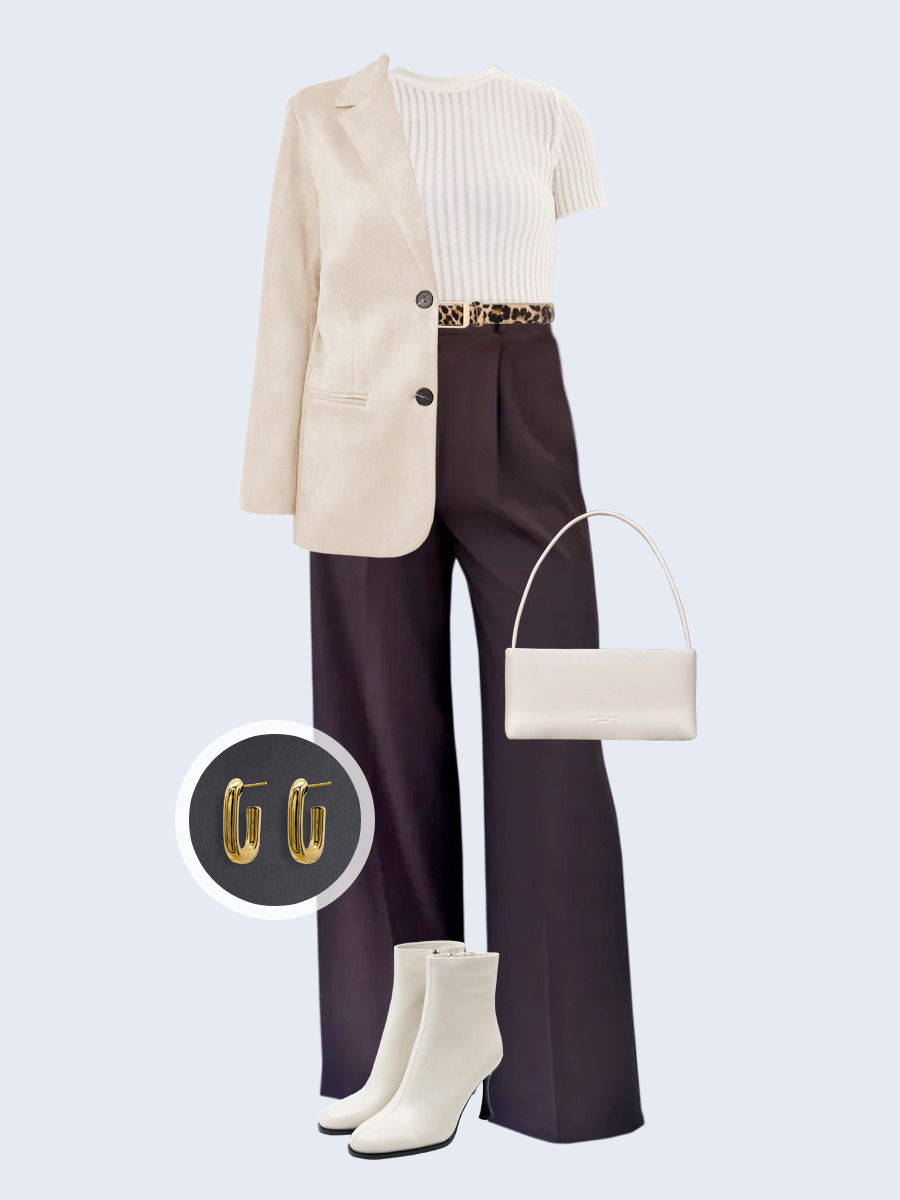 Образ с Вайлдберриз с артикулами (жакет, джемпер, брюки, сумка, ботильоны, серьги, ремень)