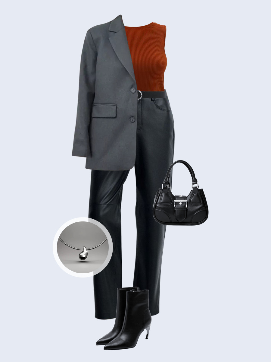 Образ с Вайлдберриз с артикулами (жакет, топ, брюки, сумка, ботильоны, колье, ремень)