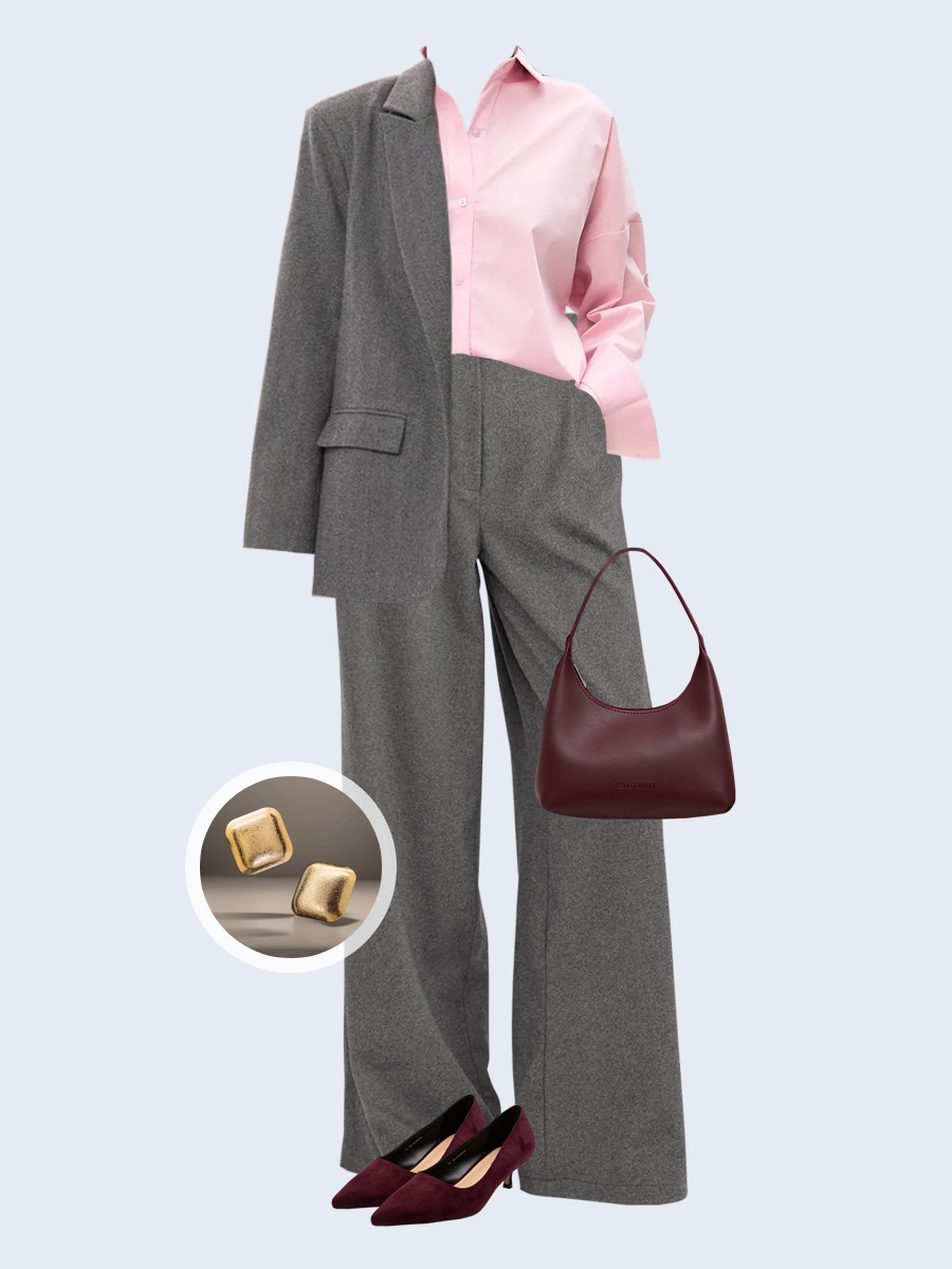 Образ с Вайлдберриз с артикулами (жакет, рубашка, брюки, сумка, туфли, серьги)