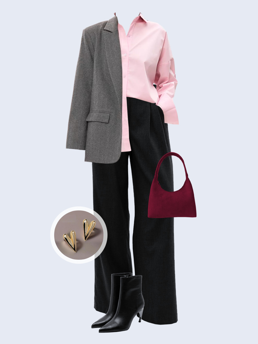 Образ с Вайлдберриз с артикулами (жакет, рубашка, брюки, сумка, ботильоны, серьги)