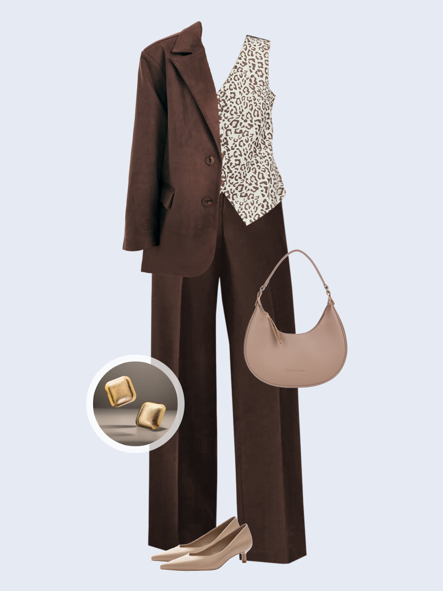 Образ с Вайлдберриз с артикулами (жакет, жилет, брюки, сумка, туфли, серьги)