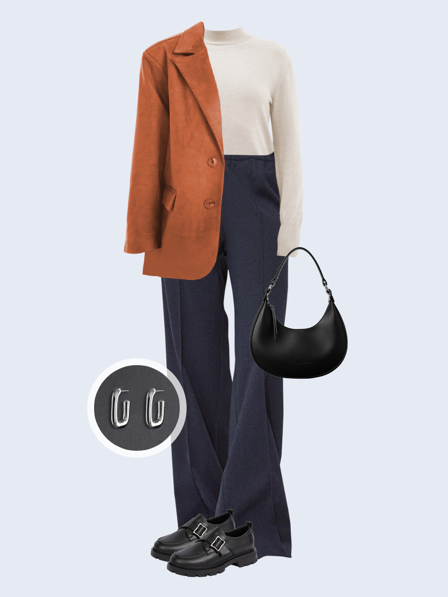 Образ с Вайлдберриз с артикулами (жакет, водолазка, брюки, сумка, лоферы, серьги)