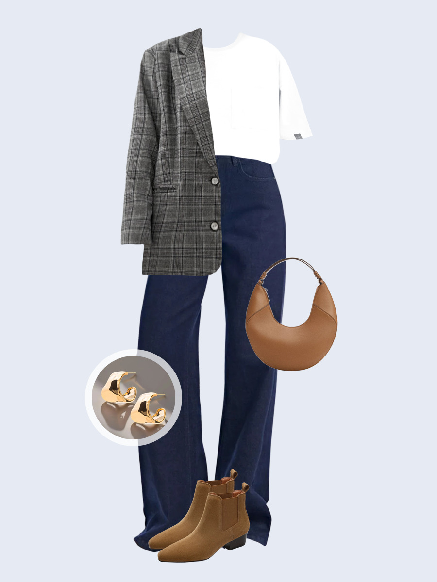 Образ с Вайлдберриз с артикулами (жакет, футболка, джинсы, сумка, ботинки, серьги)