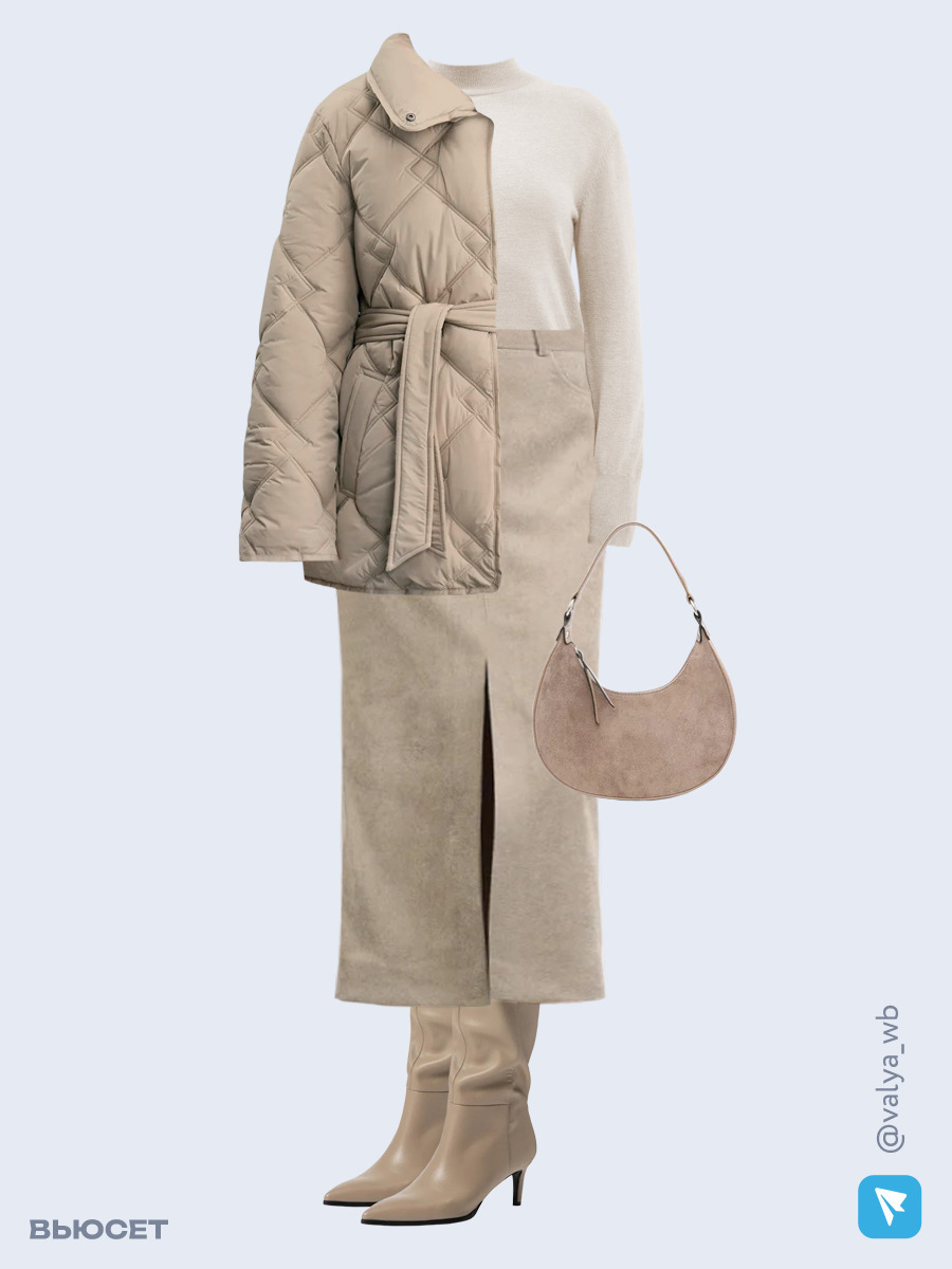 Образ с Вайлдберриз с артикулами (куртка, водолазка, юбка, сумка, сапоги)