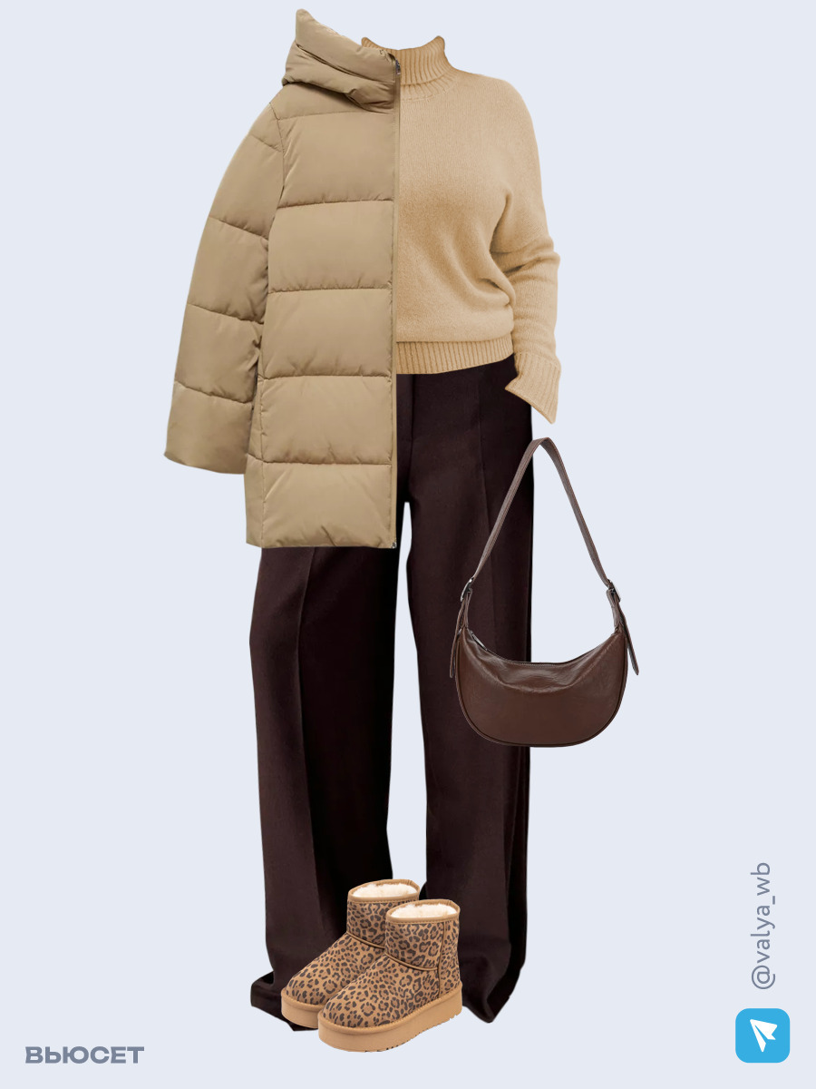 Образ с Вайлдберриз с артикулами (куртка, свитер, брюки, сумка, угги)