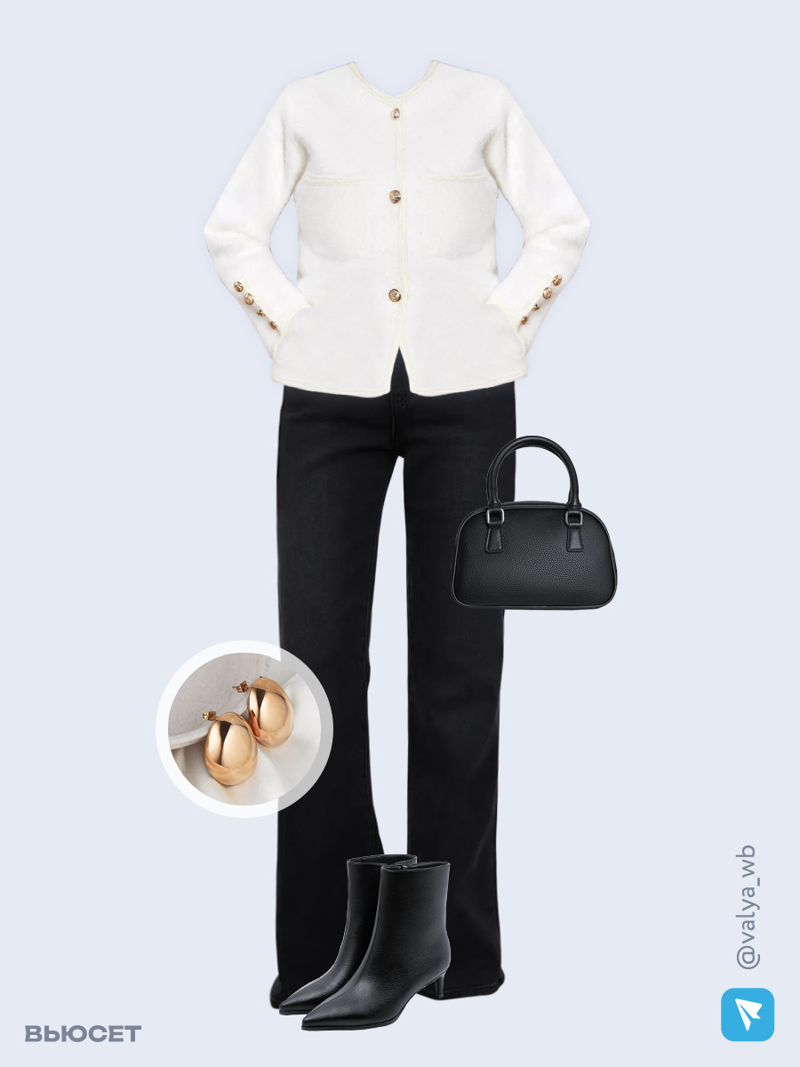 Образ с Вайлдберриз с артикулами (жакет, топ, джинсы, сумка, ботильоны, серьги)