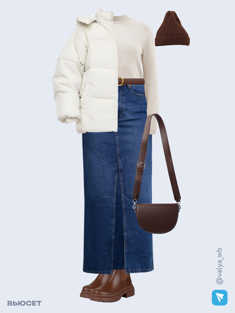 Образ с Вайлдберриз с артикулами (куртка, водолазка, юбка, сумка, ботинки, шапка, ремень)