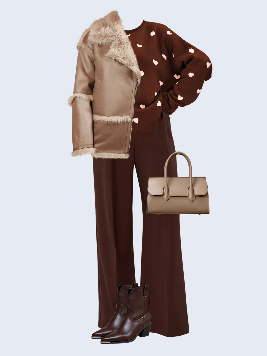 Образ с Вайлдберриз с артикулами (дубленка, свитер, брюки, сумка, ботильоны)