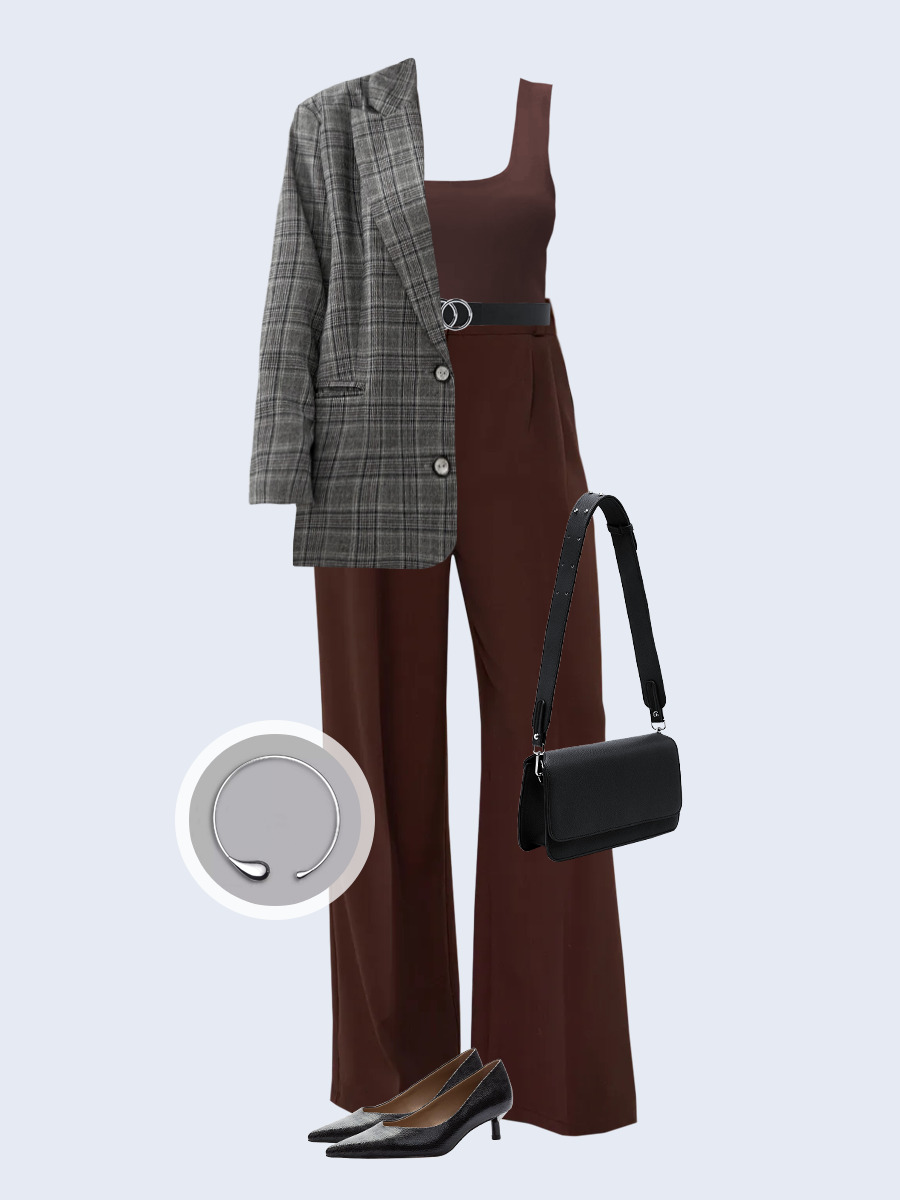 Образ с Вайлдберриз с артикулами (жакет, топ, брюки, сумка, туфли, колье, ремень)