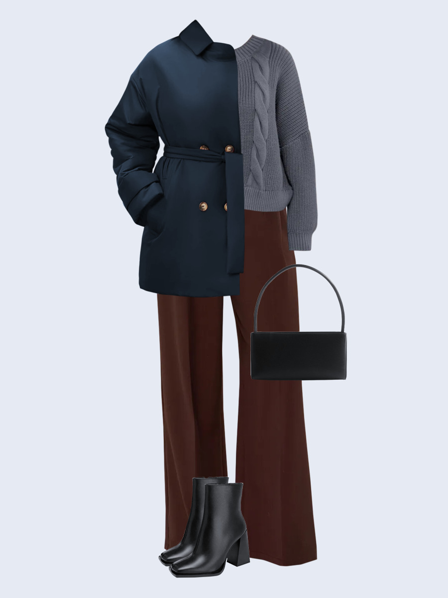 Образ с Вайлдберриз с артикулами (куртка, свитер, брюки, сумка, ботильоны)