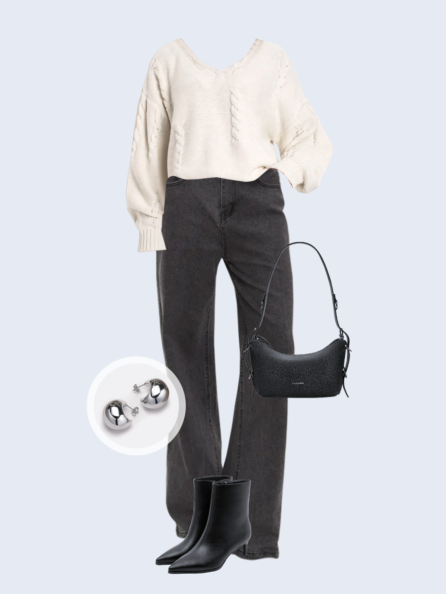 Образ с Вайлдберриз с артикулами (свитер, джинсы, сумка, ботильоны, серьги)