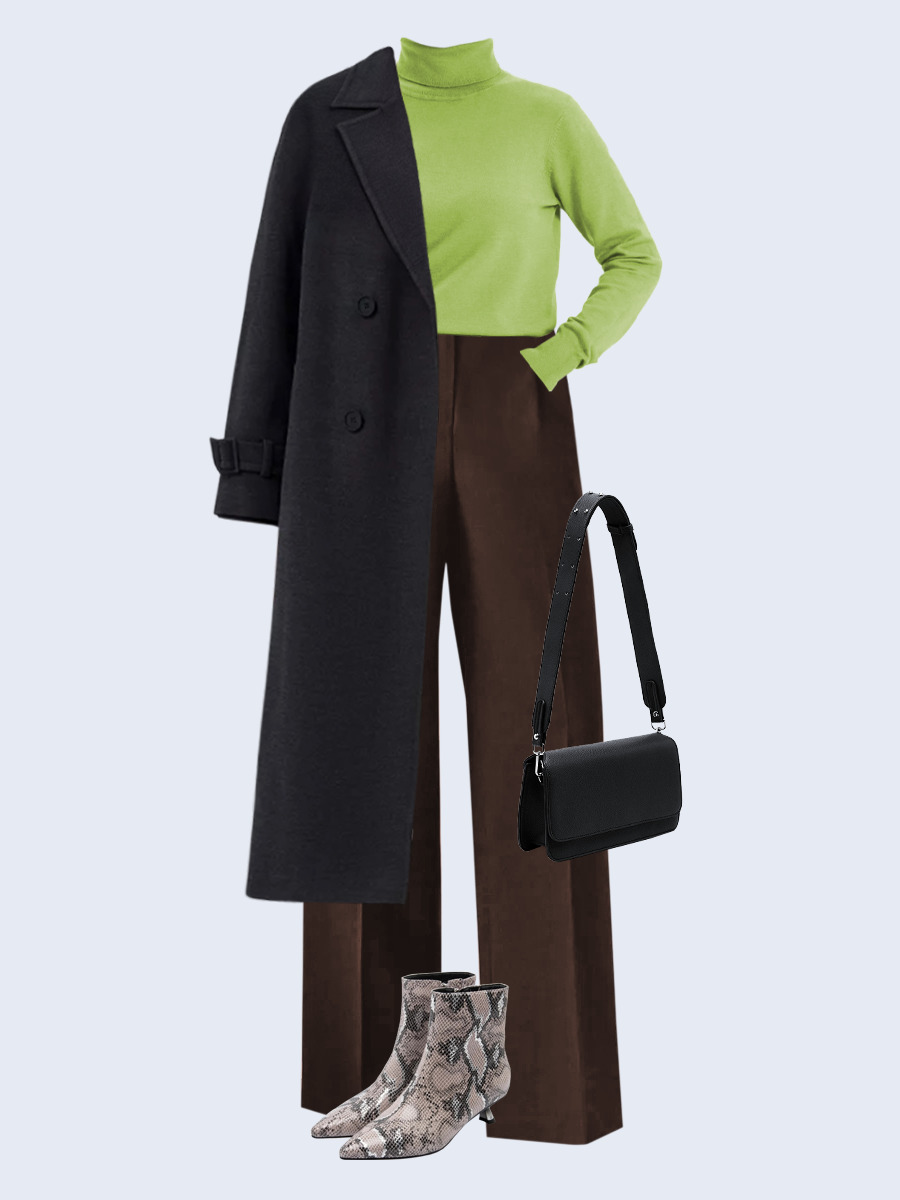Образ с Вайлдберриз с артикулами (пальто, водолазка, брюки, сумка, ботильоны)