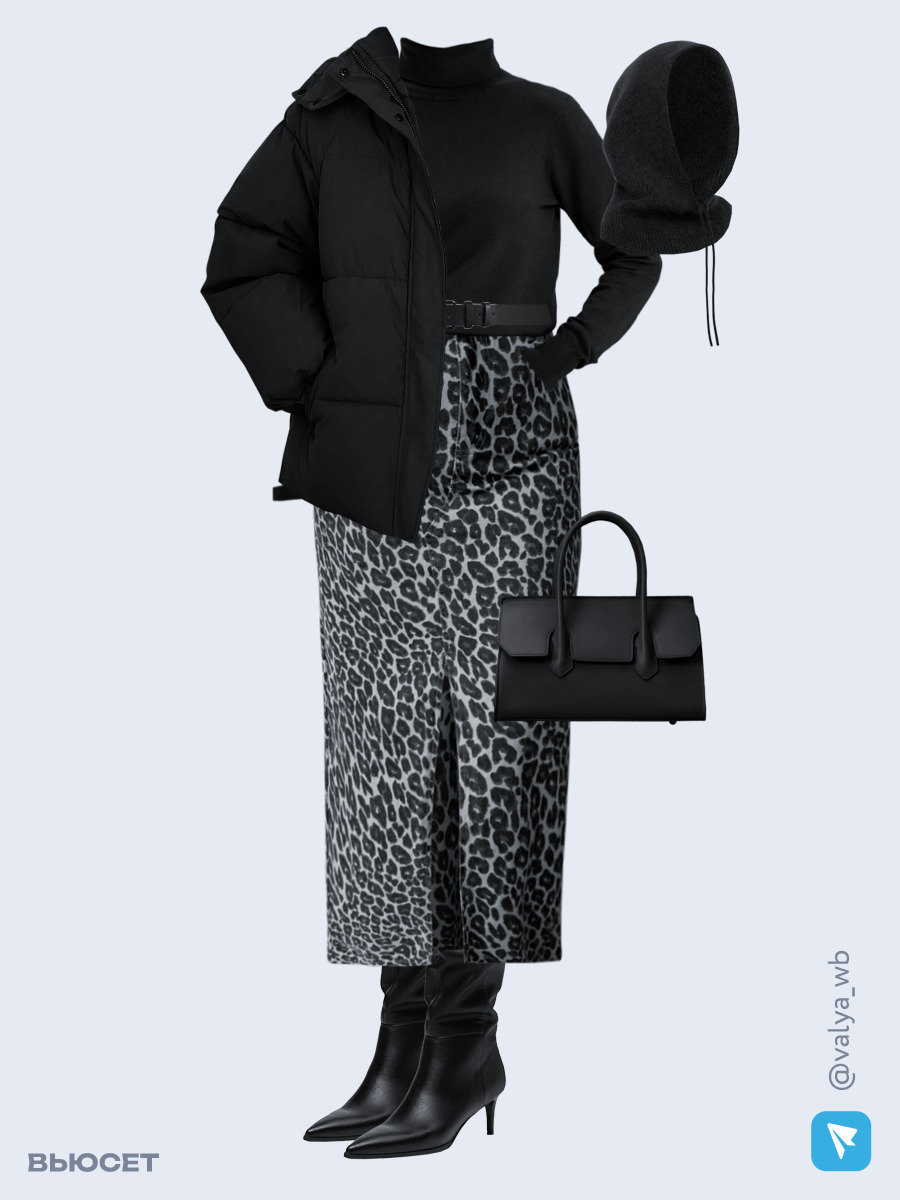 Образ с Вайлдберриз с артикулами (куртка, водолазка, юбка, сумка, сапоги, капор, ремень)