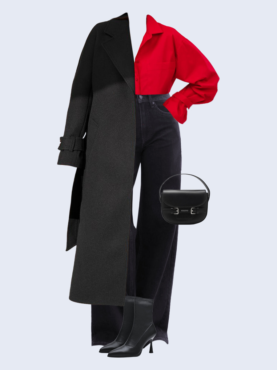 Образ с Вайлдберриз с артикулами (пальто, рубашка, джинсы, сумка, ботильоны)