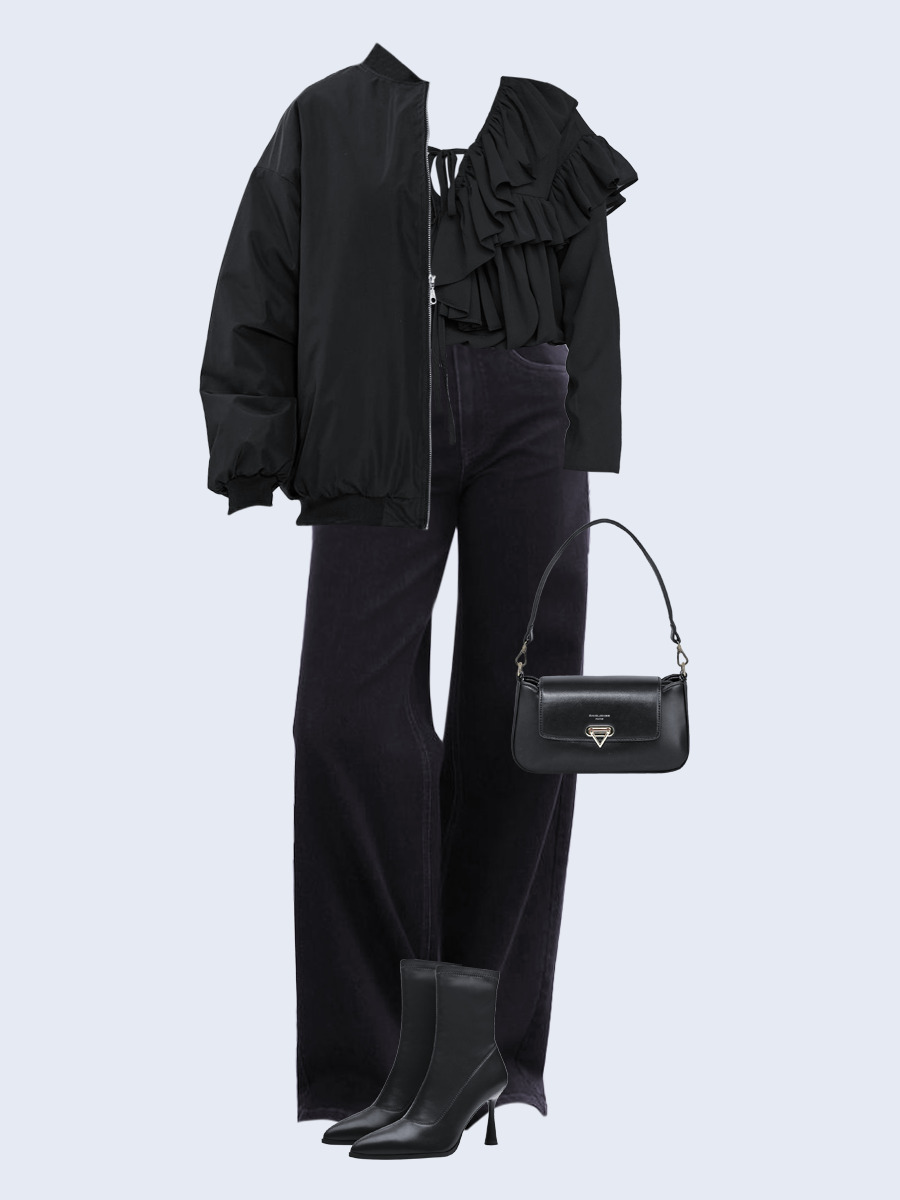 Образ с Вайлдберриз с артикулами (бомбер, блуза, джинсы, сумка, ботильоны)