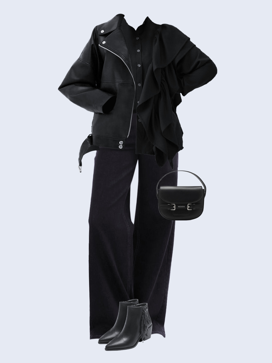 Образ с Вайлдберриз с артикулами (куртка, рубашка, джинсы, сумка, ботильоны)