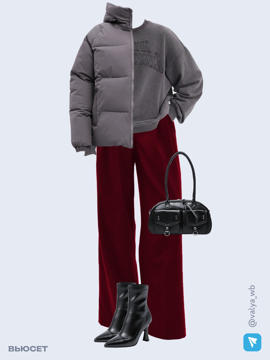 Образ с Вайлдберриз с артикулами (куртка ❄️, свитшот, брюки, сумка, ботильоны)