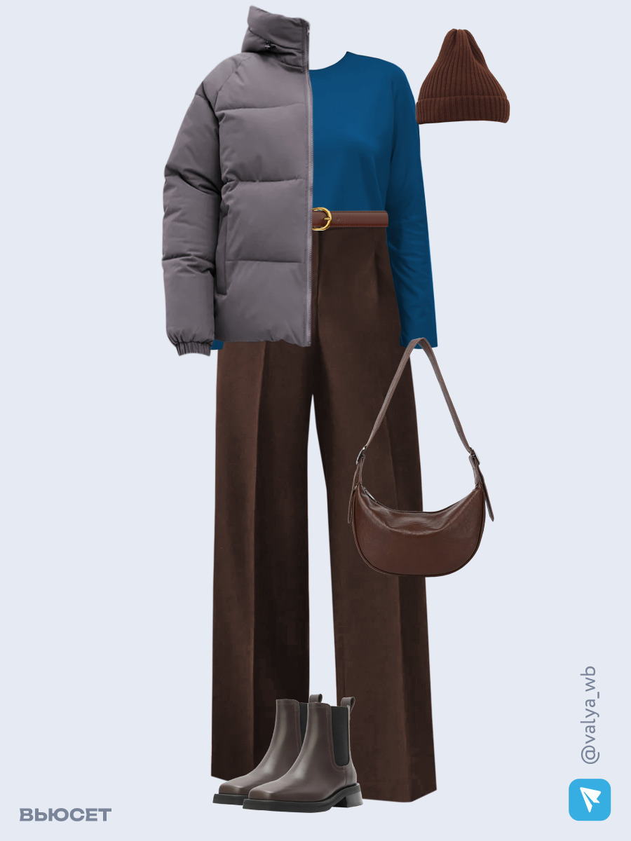 Образ с Вайлдберриз с артикулами (куртка ❄️, лонгслив, брюки, сумка, ботинки, шапка, ремень)